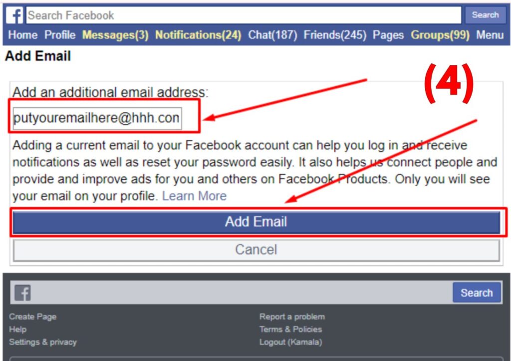 Add the New Email to Facebook via
